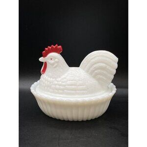 Westmoreland White Milk Glass Hen On Nest Dish Hen Chicken Rooster